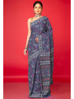 Unnati Silks - Grey Floral Pure Hand Block Printed Soft Cotton Saree with Unstitched Blouse