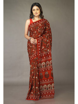 Unnati Silks - Rust Floral Pure Hand Block Printed Soft Cotton Saree with Unstitched Blouse