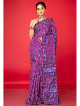 Unnati Silks - Purple Floral Pure Hand Block Printed Soft Cotton Saree with Unstitched Blouse