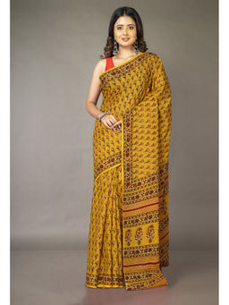 Unnati Silks - Yellow Floral Pure Hand Block Printed Soft Cotton Saree with Unstitched Blouse