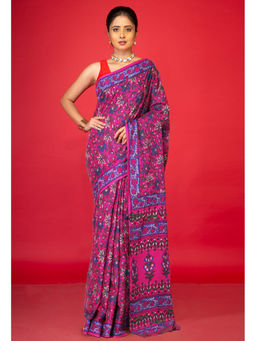 Unnati Silks - Pink Floral Pure Hand Block Printed Soft Cotton Saree with Unstitched Blouse