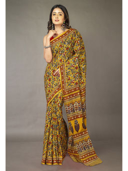 Unnati Silks - Yellow Floral Pure Hand Block Printed Soft Cotton Saree with Unstitched Blouse