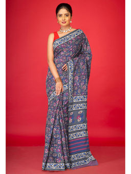 Unnati Silks - Grey Floral Pure Hand Block Printed Soft Cotton Saree with Unstitched Blouse