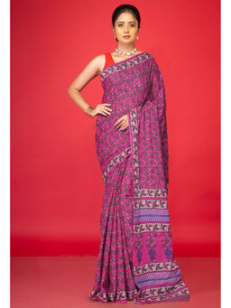 Unnati Silks - Pink Floral Pure Hand Block Printed Soft Cotton Saree with Unstitched Blouse