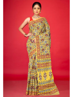 Unnati Silks - Yellow Floral Pure Hand Block Printed Soft Cotton Saree with Unstitched Blouse