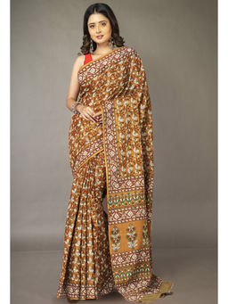 Unnati Silks - Brown Floral Pure Hand Block Printed Soft Cotton Saree with Unstitched Blouse