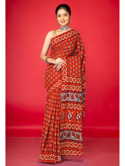 Unnati Silks - Orange Floral Pure Hand Block Printed Soft Cotton Saree with Unstitched Blouse