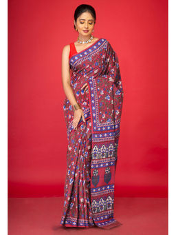 Unnati Silks - Red Floral Pure Hand Block Printed Soft Cotton Saree with Unstitched Blouse