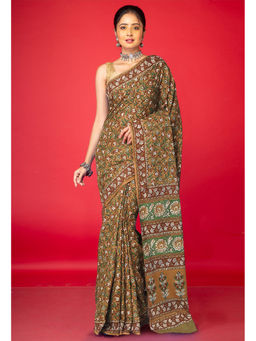 Unnati Silks - Brown Floral Pure Hand Block Printed Soft Cotton Saree with Unstitched Blouse