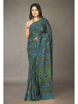 Unnati Silks - Green Floral Pure Hand Block Printed Soft Cotton Saree with Unstitched Blouse