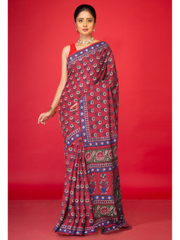 Unnati Silks - Red Floral Pure Hand Block Printed Soft Cotton Saree with Unstitched Blouse