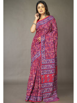 Unnati Silks - Red Floral Pure Hand Block Printed Soft Cotton Saree with Unstitched Blouse
