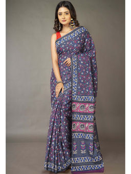 Unnati Silks - Grey Floral Pure Hand Block Printed Soft Cotton Saree with Unstitched Blouse