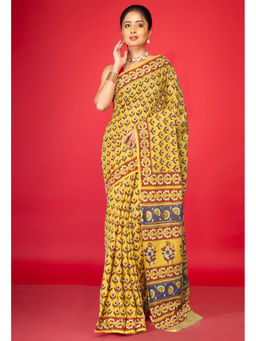 Unnati Silks - Yellow Floral Pure Hand Block Printed Soft Cotton Saree with Unstitched Blouse