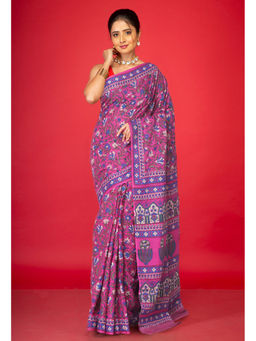 Unnati Silks - Pink Floral Pure Hand Block Printed Soft Cotton Saree with Unstitched Blouse