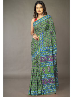 Unnati Silks - Green Floral Pure Hand Block Printed Soft Cotton Saree with Unstitched Blouse
