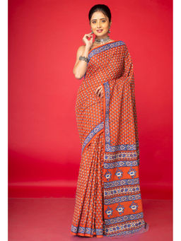 Unnati Silks - Orange Floral Pure Hand Block Printed Soft Cotton Saree with Unstitched Blouse