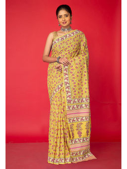 Unnati Silks - Yellow Floral Pure Hand Block Printed Soft Cotton Saree with Unstitched Blouse