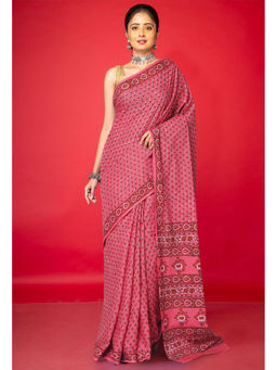 Unnati Silks - Pink Floral Pure Hand Block Printed Soft Cotton Saree with Unstitched Blouse