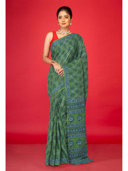 Unnati Silks - Green Floral Pure Hand Block Printed Soft Cotton Saree with Unstitched Blouse