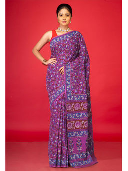 Unnati Silks - Purple Floral Pure Hand Block Printed Soft Cotton Saree with Unstitched Blouse
