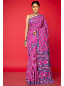 Unnati Silks - Pink Floral Pure Hand Block Printed Soft Cotton Saree with Unstitched Blouse
