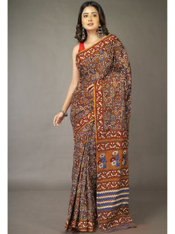 Unnati Silks - Brown Floral Pure Hand Block Printed Soft Cotton Saree with Unstitched Blouse