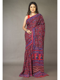 Unnati Silks - Red Floral Pure Hand Block Printed Soft Cotton Saree with Unstitched Blouse