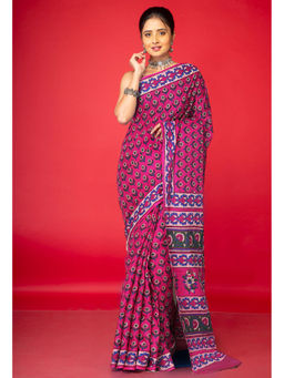 Unnati Silks - Pink Floral Pure Hand Block Printed Soft Cotton Saree with Unstitched Blouse