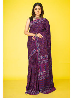 Unnati Silks - Purple Floral Pure Hand Block Printed Soft Cotton Saree with Unstitched Blouse