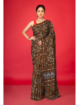 Unnati Silks - Brown Floral Pure Hand Block Printed Soft Cotton Saree with Unstitched Blouse