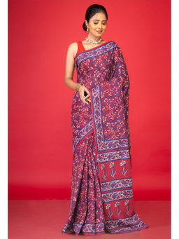 Unnati Silks - Red Floral Pure Hand Block Printed Soft Cotton Saree with Unstitched Blouse