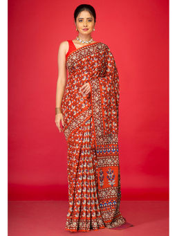 Unnati Silks - Orange Floral Pure Hand Block Printed Soft Cotton Saree with Unstitched Blouse
