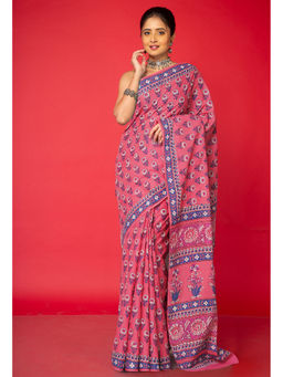 Unnati Silks - Pink Floral Pure Hand Block Printed Soft Cotton Saree with Unstitched Blouse
