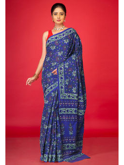 Unnati Silks - Navy Blue Floral Pure Hand Block Printed Soft Cotton Saree with Unstitched Blouse
