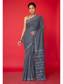 Unnati Silks - Grey Floral Pure Hand Block Printed Soft Cotton Saree with Unstitched Blouse