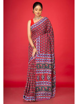 Unnati Silks - Red Floral Pure Hand Block Printed Soft Cotton Saree with Unstitched Blouse