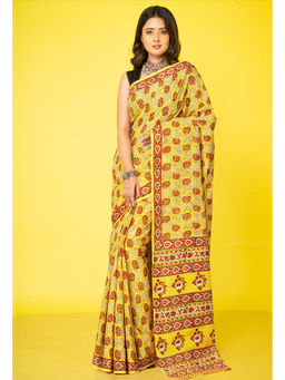 Unnati Silks - Yellow Floral Pure Hand Block Printed Soft Cotton Saree with Unstitched Blouse