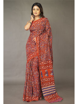 Unnati Silks - Orange Floral Pure Hand Block Printed Soft Cotton Saree with Unstitched Blouse