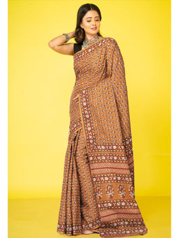 Unnati Silks - Brown Floral Pure Hand Block Printed Soft Cotton Saree with Unstitched Blouse