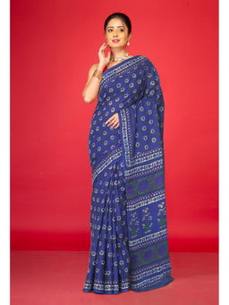 Unnati Silks - Navy Blue Floral Pure Hand Block Printed Soft Cotton Saree with Unstitched Blouse