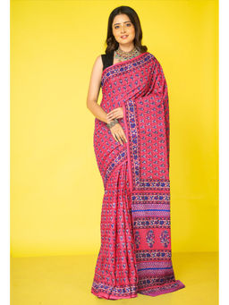 Unnati Silks - Pink Floral Pure Hand Block Printed Soft Cotton Saree with Unstitched Blouse