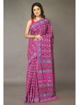 Unnati Silks - Pink Floral Pure Hand Block Printed Soft Cotton Saree with Unstitched Blouse