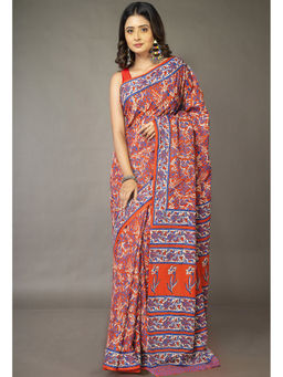 Unnati Silks - Orange Floral Pure Hand Block Printed Soft Cotton Saree with Unstitched Blouse