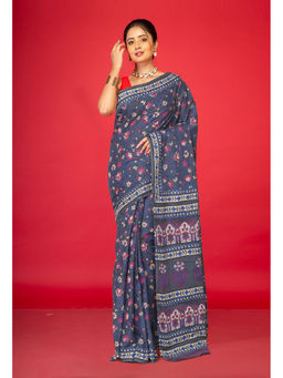 Unnati Silks - Grey Floral Pure Hand Block Printed Soft Cotton Saree with Unstitched Blouse