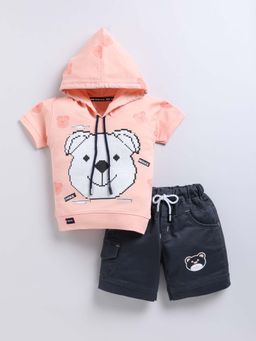 Toonyport - Boys Peach Printed Hoodie with Shorts (Set of 2)