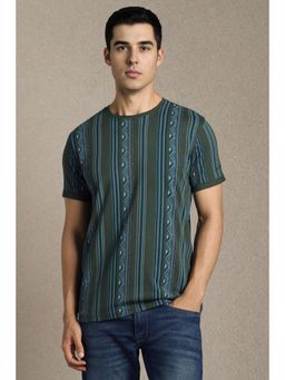 Louis Philippe - Mens Green Stripes Crew Neck T-Shirt