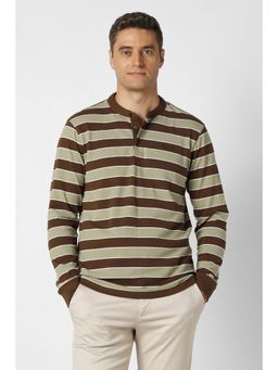 Peter England - Mens Olive Stripes Henley Neck T-Shirt