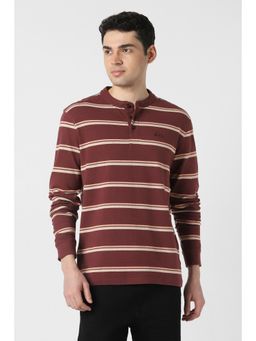 Peter England - Mens Maroon Stripes Henley Neck T-Shirt
