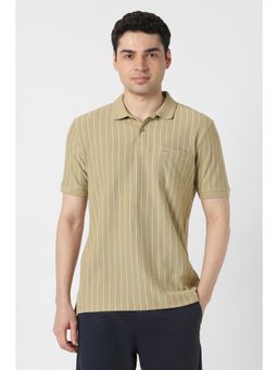 Peter England - Mens Beige Stripes Polo T-Shirt